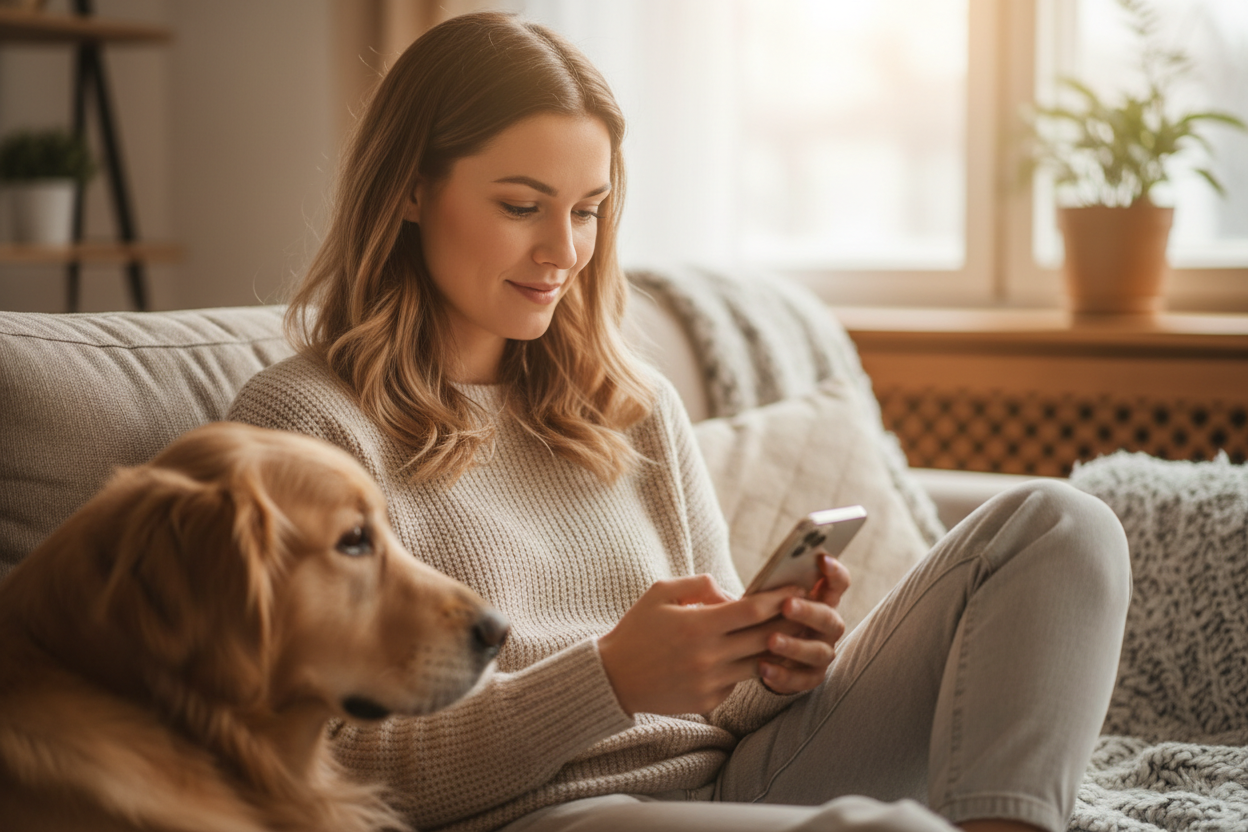 Femme assise sur canapé beige avec son chien à côté, elle regarde son smartphone, lumière naturelle douce, ambiance chaleureuse et cosy, style photo lifestyle